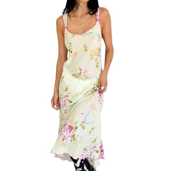OSCAR DE LA RENTA Pink Green Midi Slip Dress Floral Vintage Size M Feminine Sexy - Picture 1 of 10
